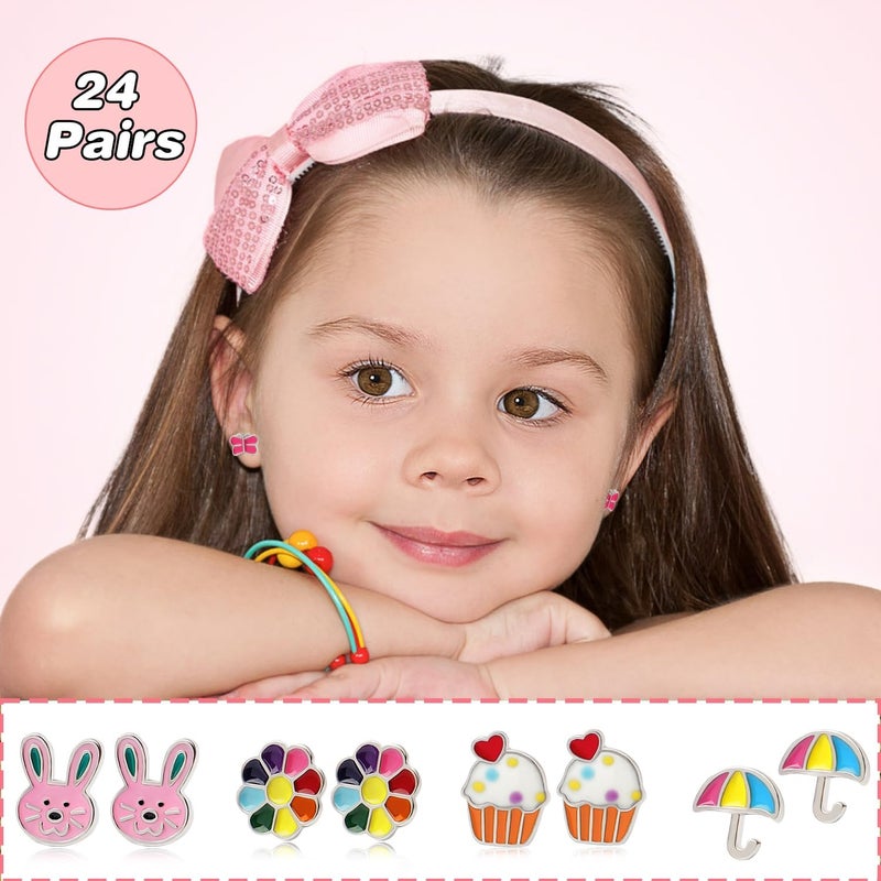 Asivsa 24 Pairs Hypoallergenic Stud Earrings for Girls Kids Cute Stainless Steel Earrings Fun Mushroom Butterfly Flower Rainbow Frog Earrings Set Jewelry for Little Girls Women - Image 2